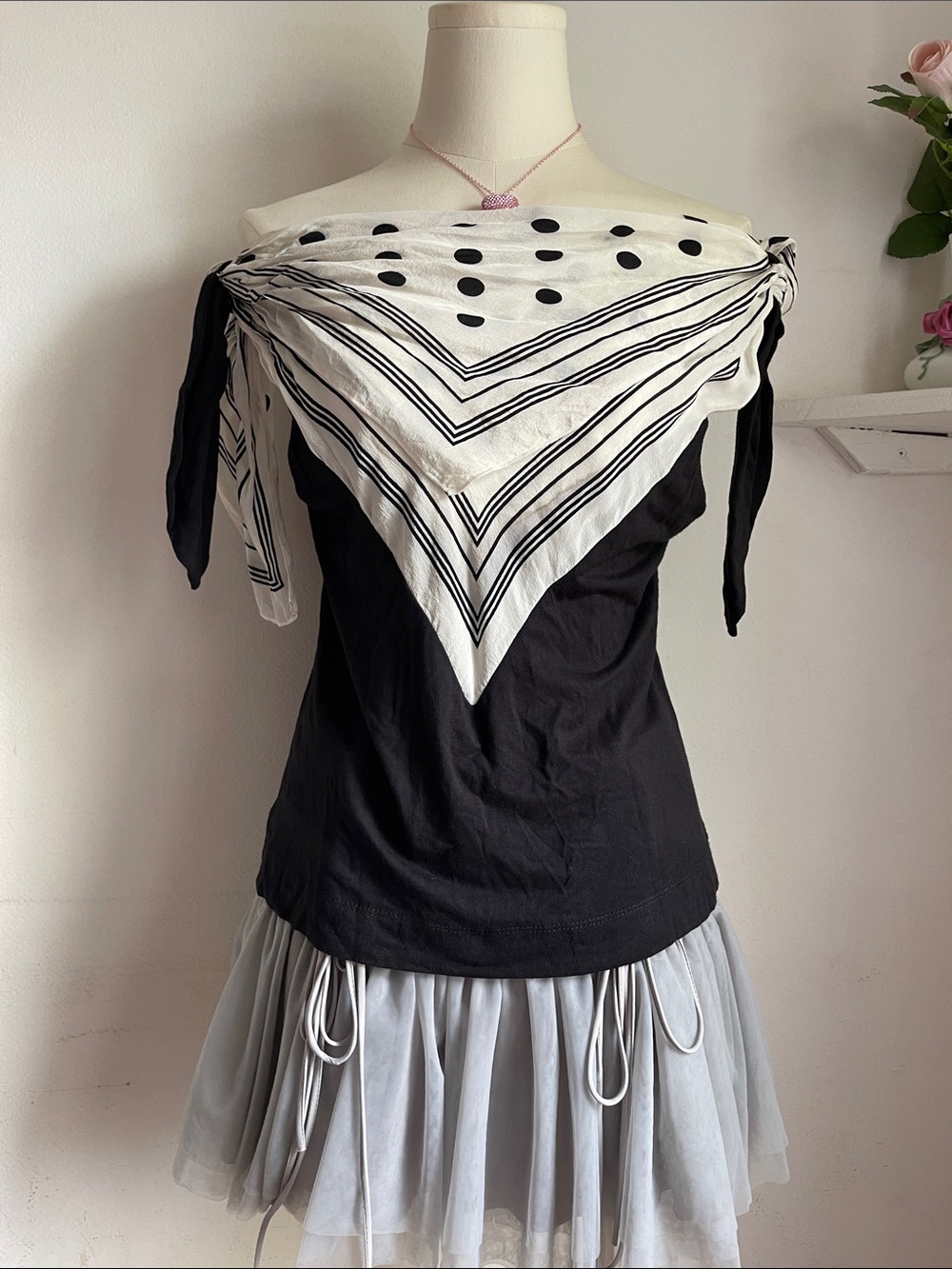 vintage Black Tank Top with Cream Polka-Stripe Scarf